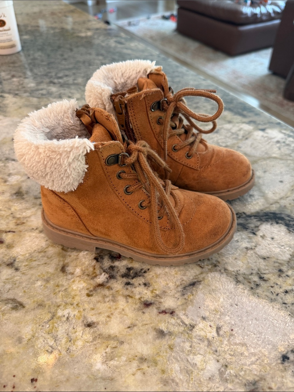 Old Navy Tan Faux-Suede Kids Lace-Up Boots with Shearling Collar
